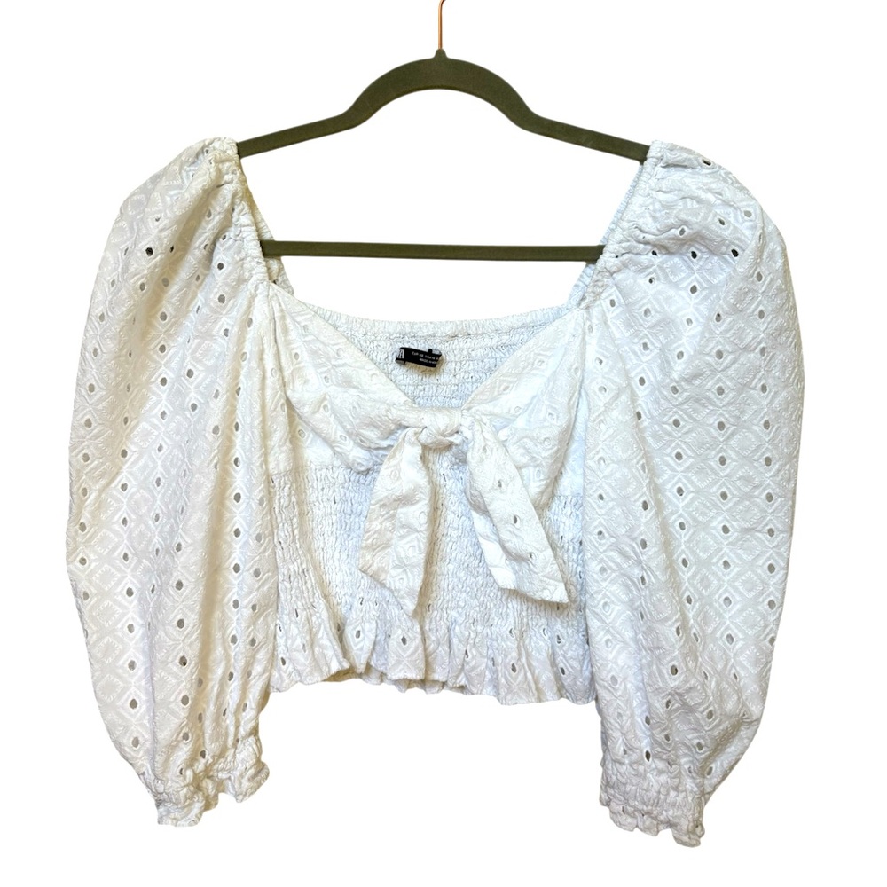 Zara White Eyelet Crop Top Long Sleeves Front Tie Cotton Summer Boho Smocked